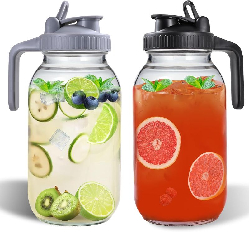 Photo 1 of 64oz Glass Pitchers with Lid and Spout, 2 Quart Mason Jar Pitchers, Wide Mouth Jar Leak-proof Water Jug for Water, Juice, Milk, Tea, Iced Coffee, and Drinks, 2 Packs.