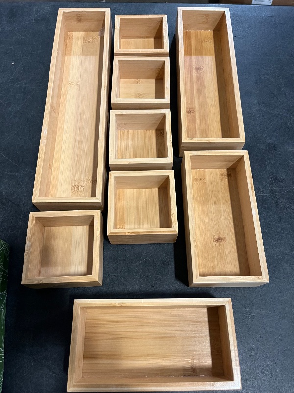 Photo 1 of Bamboo Drawer Organizer Set, 9 PCS Multi-Use Individual Wood Storage Organizers, Junk Drawer Divider and Storage Trays Containers for Kitchen, Bathroom, Office Desk, Makeup, Jewelry, Utensils