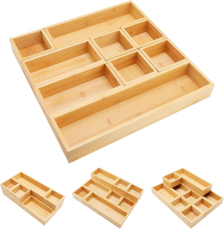 Photo 1 of Bamboo Drawer Organizer Set, 9 PCS Multi-Use Individual Wood Storage Organizers, Junk Drawer Divider and Storage Trays Containers for Kitchen, Bathroom, Office Desk, Makeup, Jewelry, Utensils