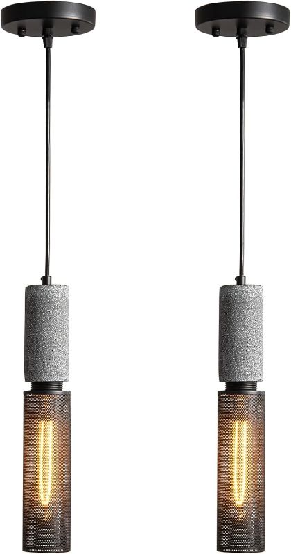 Photo 1 of Concrete Linear Pendant Light with a Metal Mesh Shade,Modern Industrial Hanging Cement Pendant Lighting Fixture for Kitchen Island Dinning Room Bedroom(Black 2-Pack)