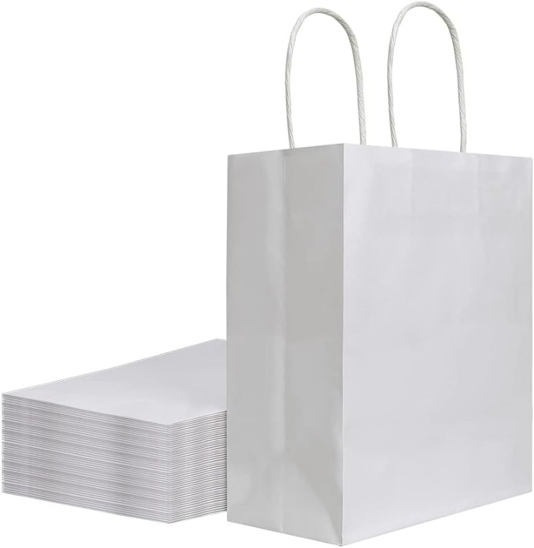 Photo 1 of 50 Pack 8x4.75x10 inch Medium White Kraft Paper Bags with Handles Bulk, Gift Bags, Craft Grocery Shopping Retail Birthday Party Favors Wedding Sacks Restaurant Takeout, Business (50Pcs)