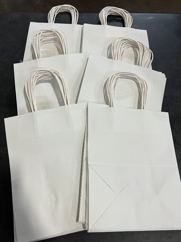 Photo 1 of 50 Pack 8x4.75x10 inch Medium White Kraft Paper Bags with Handles Bulk, Gift Bags, Craft Grocery Shopping Retail Birthday Party Favors Wedding Sacks Restaurant Takeout, Business (50Pcs)