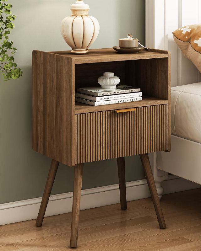 Photo 1 of Nightstand,Modern Bedside Table with Storage Drawer and Open Wood Shelf, for Living Room, Bedroom and Small Spaces, Accent Night Stand with Solid Wood Legs, Easy Assembly,Walnut Brown
