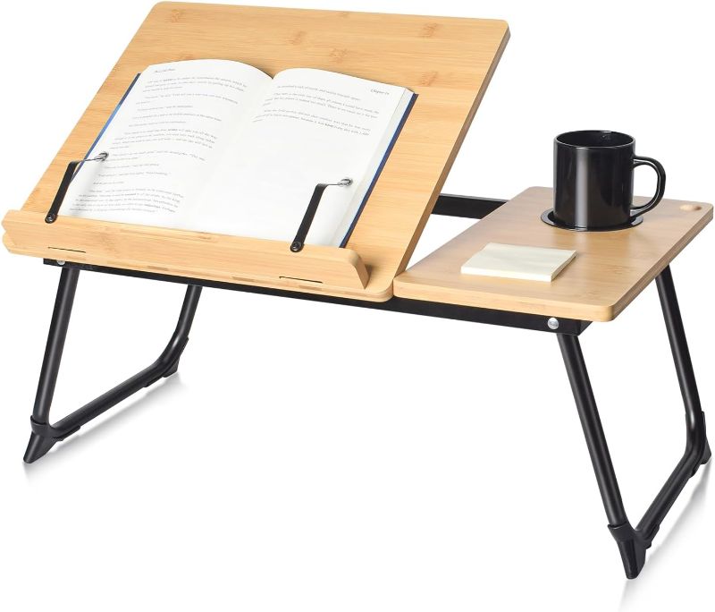 Photo 1 of Book Stand for Reading in Bed, Bamboo Laptop Stand Adjustable Book Holder Tray with Page Paper Clips Multi Angles Adjustable Cooking Bookstands for Textbook Recipe Magazine Tablet Portable
