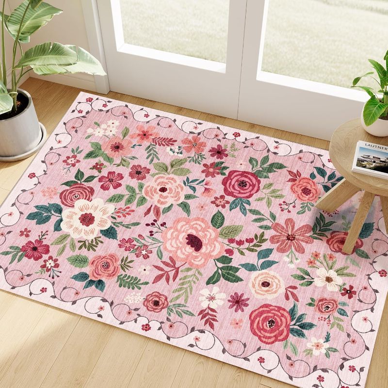 Photo 1 of DUKINO 2x3 Rugs for Entryway, Floral Indoor Washable Door Mat, Non Slip Boho Small Rug for Kitchen, Soft Low Pile, Front Door Throw Rug for Entrance, Bedroom, Kitchen, Laundry, Bathroom, Pink
