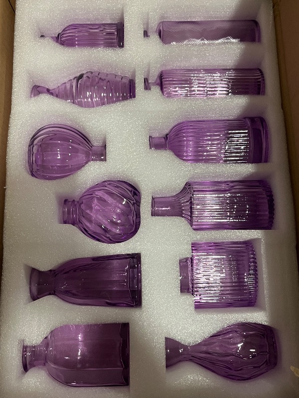 Photo 1 of Glass Vases Set of 12, Small Purple Vase Glass Vases for Flowers Modern Ribbed Colored Bud Vase for Decor Wedding Flower Vase in Bulk Vintage Decor Bridal Shower Centerpieces Home Table Decoration