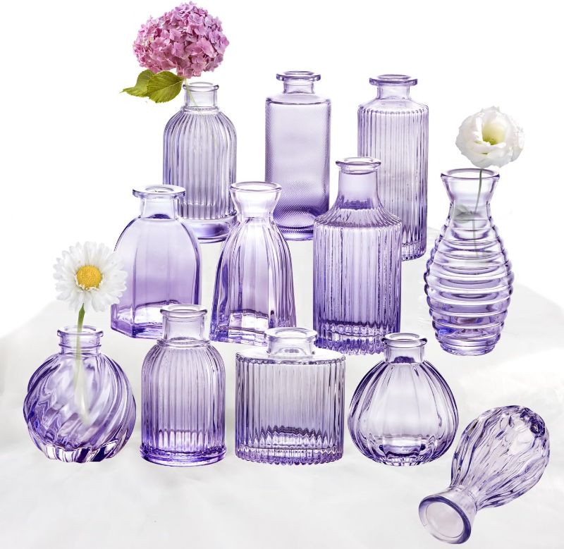 Photo 1 of Glass Vases Set of 12, Small Purple Vase Glass Vases for Flowers Modern Ribbed Colored Bud Vase for Decor Wedding Flower Vase in Bulk Vintage Decor Bridal Shower Centerpieces Home Table Decoration