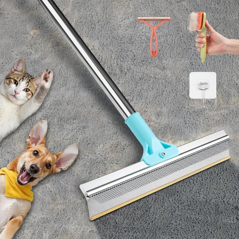 Photo 1 of 2 in 1 Carpet Rake for Pet Hair Removal, Reusable Pet Hair Remover, 54” Adjustable Long Handle Cat Dog Carpet Rake Scraper, Dog Hair Rake Brush for Rugs, Mats, Couch, Furniture
