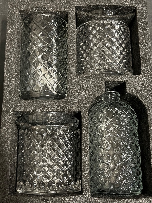 Photo 1 of Bathroom Accessories Set, 4 Pack Clear Glass Bath Accessory Sets Complete, Diamond Soap Dispenser and Toothbrush Holder Set for Bathroom Counter Organizer Essentials, Modern Bathroom Decor