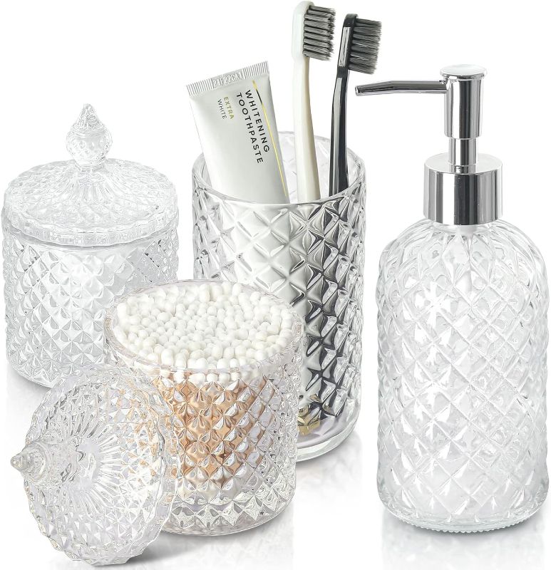 Photo 1 of Bathroom Accessories Set, 4 Pack Clear Glass Bath Accessory Sets Complete, Diamond Soap Dispenser and Toothbrush Holder Set for Bathroom Counter Organizer Essentials, Modern Bathroom Decor