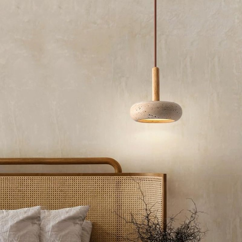 Photo 1 of LTBFDDC Sturdy Durable Wabi-Sabi Travertine Pendant Lamp Natural Stone Shade Pendant Light with Log Hanging Light Mini Pendant Lighting for Kitchen Island Dining Room
