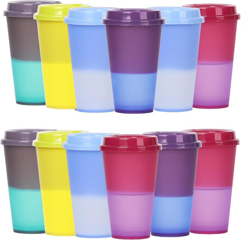 Photo 1 of Color Changing Coffee Cups, 16oz Reusable Coffee Cups with Lids, 12 Pack Hot Coffee Tumbler for Kids and Adult Party Favors, Leak-Proof, BPA-free, and Safe for Dishwashers