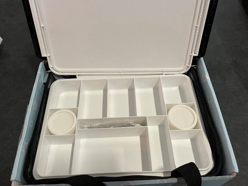 Photo 1 of Chilled Portable Snackle Box Container with Reusable Ice Pack Bonus Insulated Bag 12 Compartment Divided Serving Tray Summer Beach Essentials for Charcuterie Snack Road Trip Picnic Keep Food Fresh