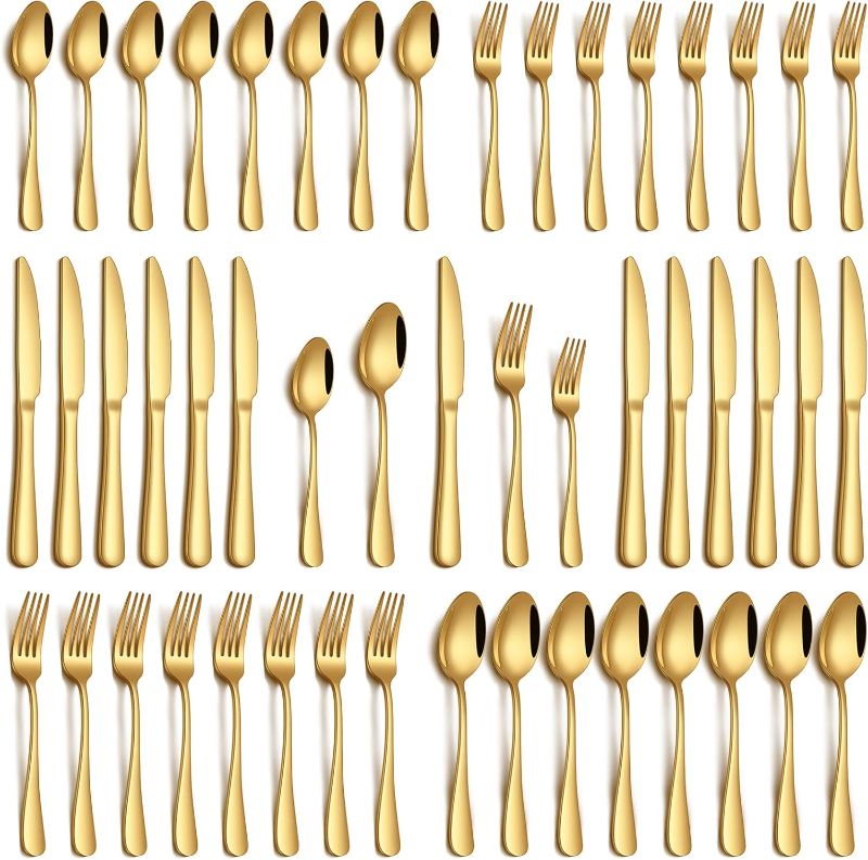 Photo 1 of 40 Piece Gold Silverware Set, Stainless Steel Flatware Set for 8 Food Grade Cutlery Utensil Set Include Knife Fork Spoon Mirror Polished Dishwasher Safe
