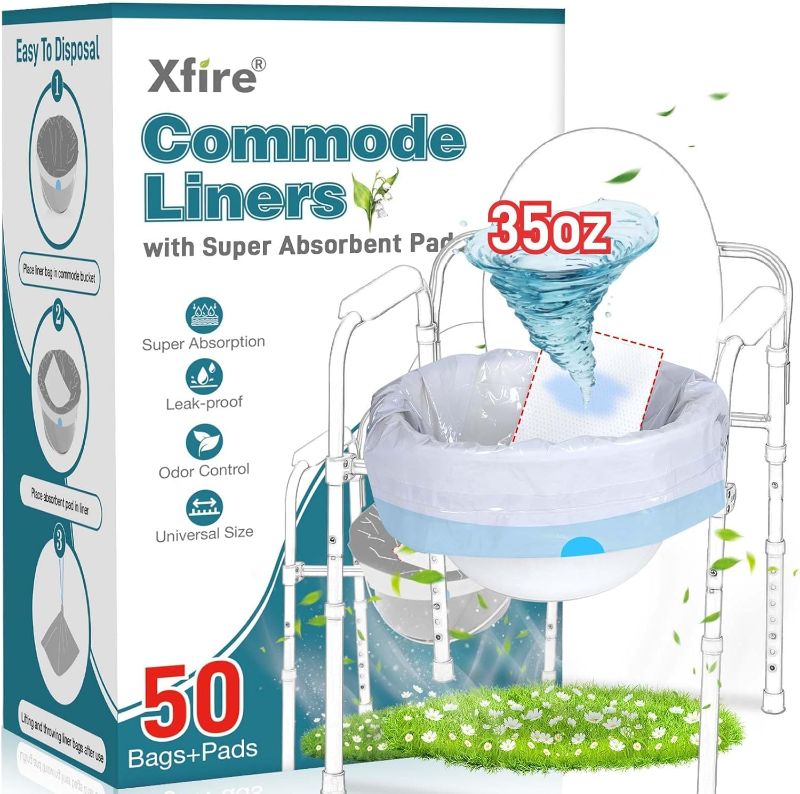 Photo 1 of Commode Liners with Absorbent Pads- 50 Commode Bags+ 50 Commode Pads, Extra Thicken Commode Toilet Liners Universal Fit Bedside Commode, Portable Toilet, Chair Bucket, Bedpan