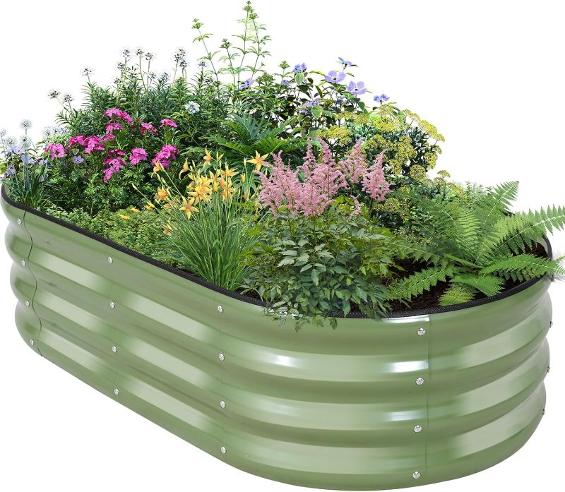 Photo 1 of Galvanized Raised Garden Bed Outdoor - 4×2×1ft Planter Raised Beds for Gardening | Oval Metal Garden Planter Box with Safety Edging and Gloves for Vegetables Fruits and Flowers OliveGreen