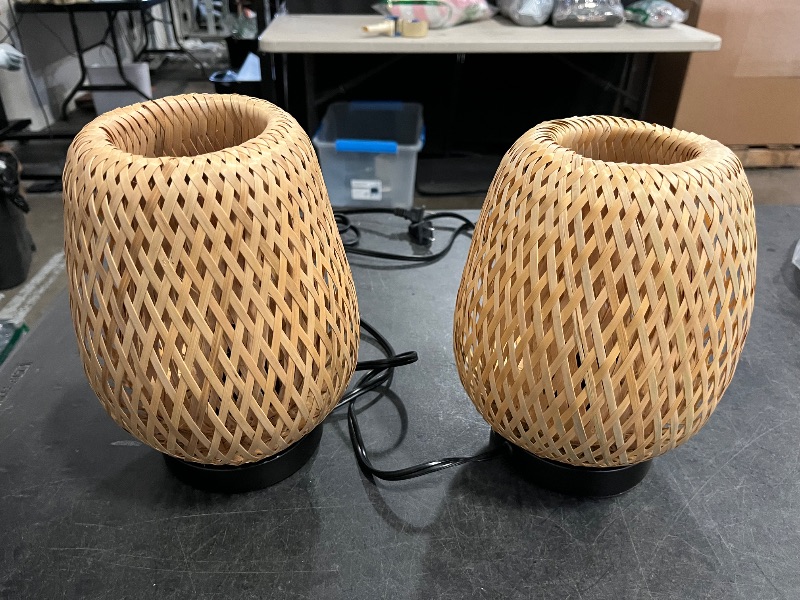 Photo 1 of 2 Set 4.7"x9.3" Boho Rattan Table Lamp Bamboo Woven Handmade Boho Bedside Lamp Desk Lamp Stepless Dimmable Wicker Lamp for Beside Bedroom Living Room, 2700k T45 LED Bulb Included(Elegant)