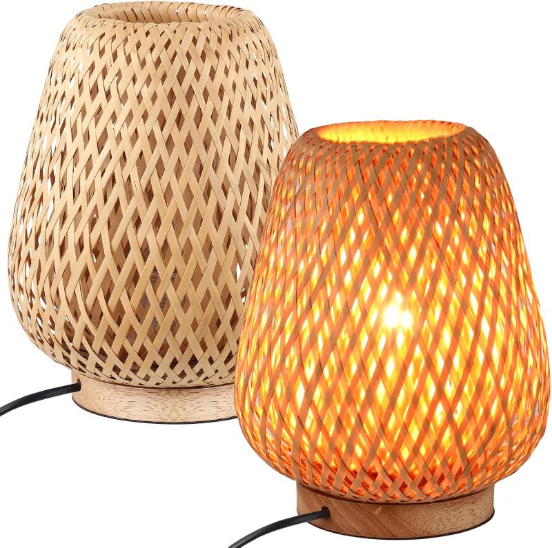 Photo 1 of 2 Set 4.7"x9.3" Boho Rattan Table Lamp Bamboo Woven Handmade Boho Bedside Lamp Desk Lamp Stepless Dimmable Wicker Lamp for Beside Bedroom Living Room, 2700k T45 LED Bulb Included(Elegant)