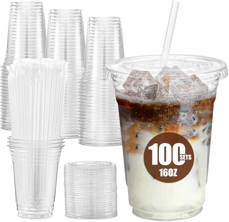 Photo 1 of Glotoch Express Plastic Cups with Lids and Straws [100 Sets - 16oz] Disposable Clear Crystal Plastic Coffee Cups with Lids, BPA Free Small To Go Cold Cup for Cold Drinks, Milkshake, Juice, Party
