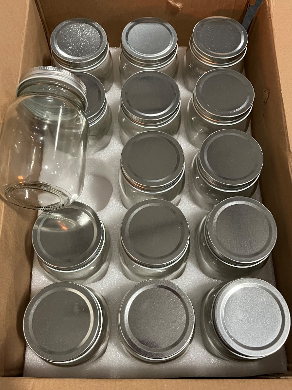 Photo 1 of FastRack 16 oz Regular Mason Jars (Pack of 15) with 15 Lids & 1 Black Mason Jar Gripper | Glass Jars with Airtight Lids | Large Mouth Glass Jar for Food Storage, Canning, Fermentation, Pickling
