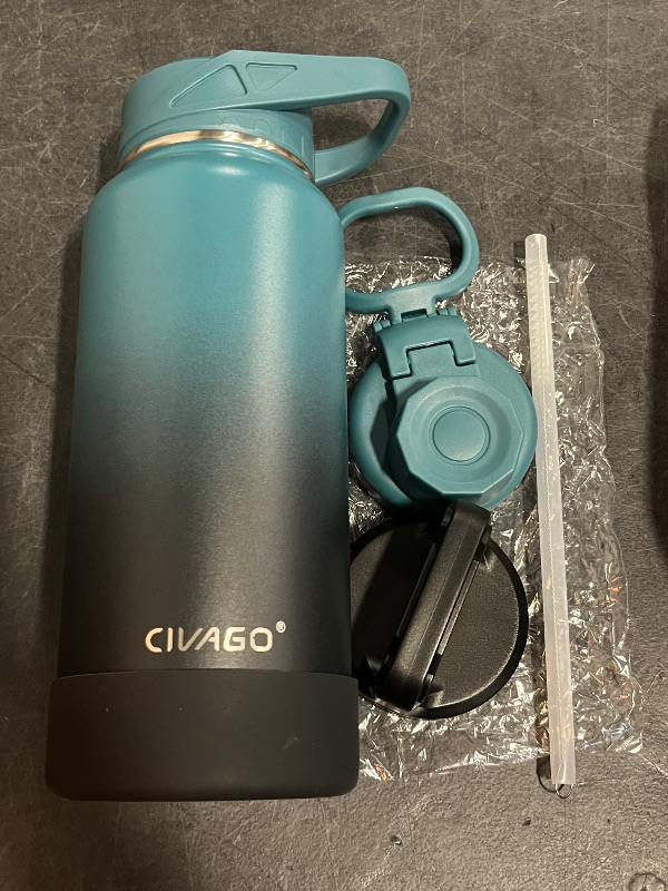 Photo 1 of 32oz Insulated Water Bottle with Straw, Stainless Steel Metal Vacuum Water Flask, Large Thermal Water bottle with Leakproof 3 Lids for Travel, Camping, Gym Sports Indigo Black