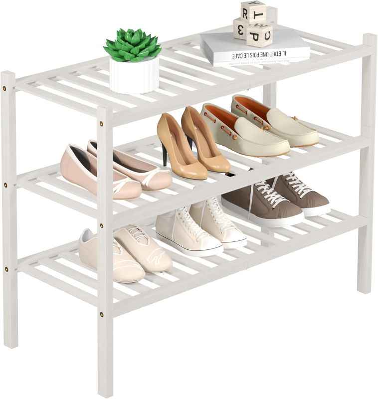 Photo 1 of 3 Tier Bamboo Shoe Rack for Closet Free Standing Wood Shoe Shelf Storage Organizer for Entryway Small Space Stackable 27"x11"x20" (White)