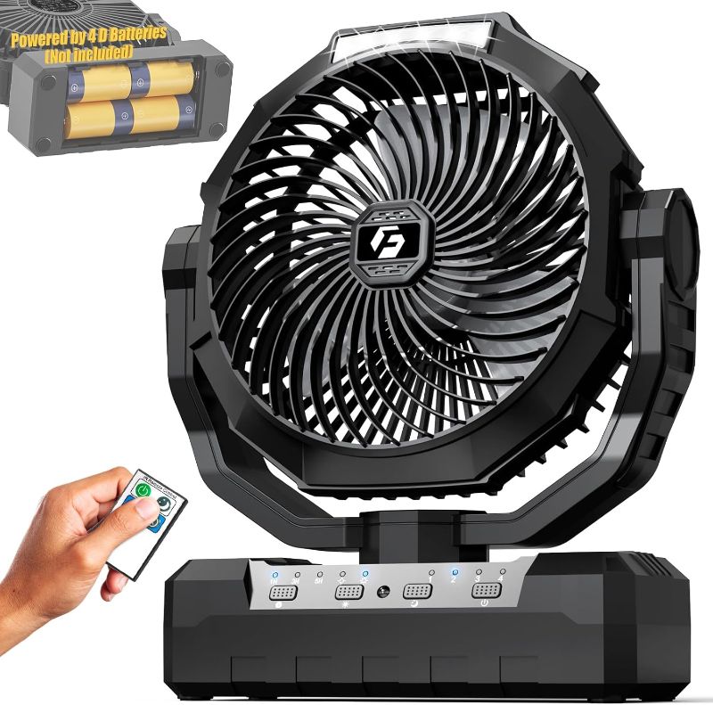 Photo 1 of Battery Operated Fan [200H Max], 2 in 1 D-Cell Battery & USB Powered Fans, Portable Camping Fan with 4 Speeds, Light, Timer, Remote for Outdoor Tent, Travel, Picnic, Office, Bedroom - Black
