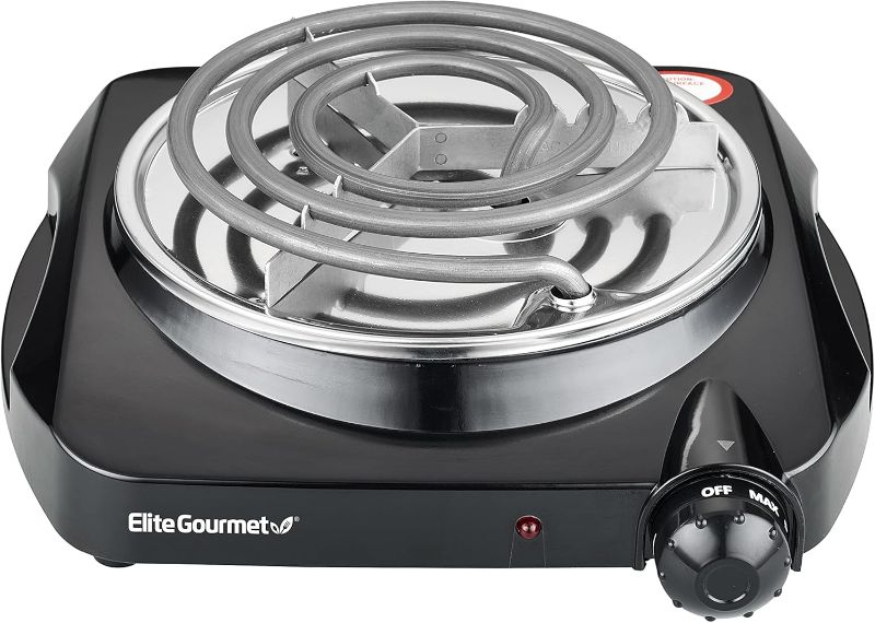 Photo 1 of Elite Gourmet ESB301C Countertop Single Coiled Burner, 1100 Watts Electric Hot Plate, Temperature Controls, Power Indicator Lights, Easy to Clean, Black