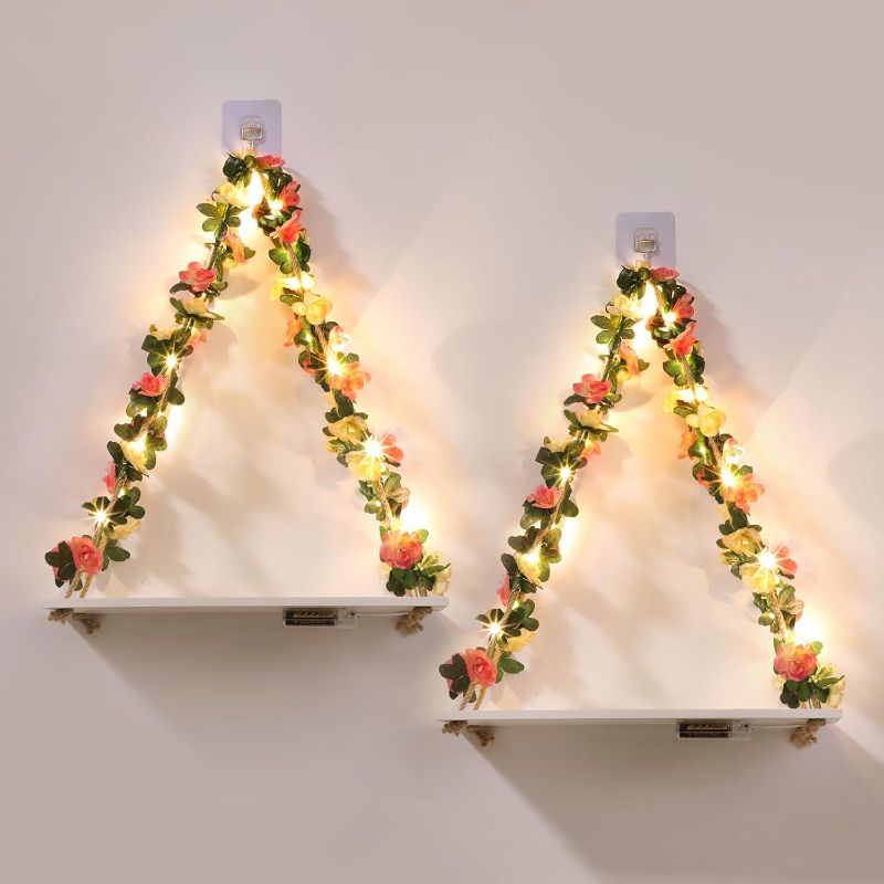 Photo 1 of Floating Shelves for Wall No Drilling,Wall Dcorations Art,Hanging Shelf,Leaves and Light Strip with Flower,Set of 2 Plant Decor for Home House Livingroom Bedroom Officer,Boho Decor,Gifts for Woman