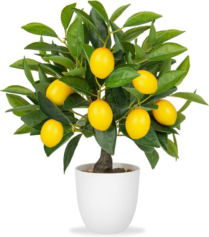 Photo 1 of Artificial Potted Plants 14 inches Fake Lemon Tree Artificial Lemons Citrus Tree with White Pot Faux Plants Indoor for Home,Office, Living Room Table, Desk