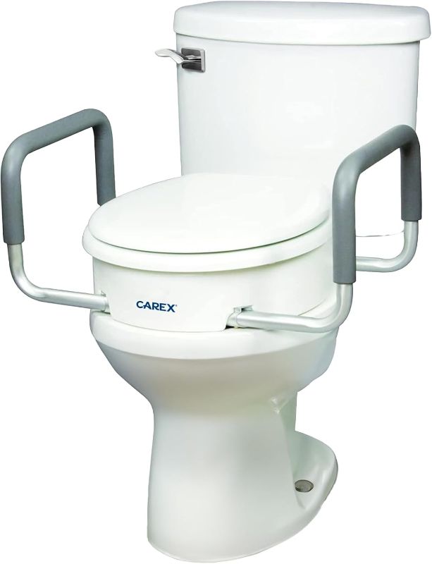 Photo 1 of Compass Raised Toilet Seat with Arms, Elongated Toilets, 3.5 Inch High, Elevated Toilet Riser with Removable Padded Handles, Easy On and Off, Support 250 lbs, White