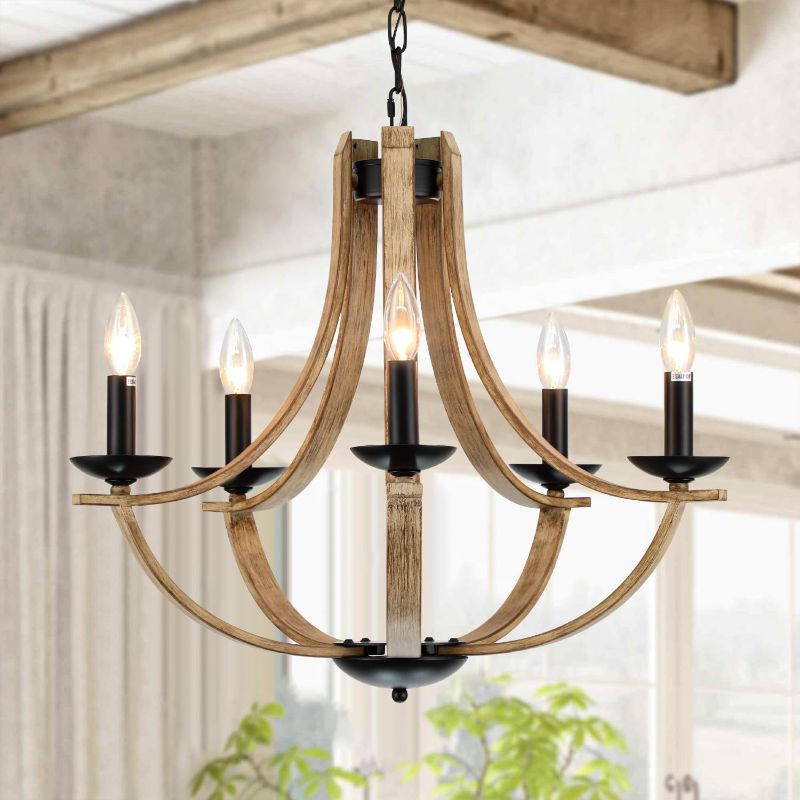 Photo 1 of Farmhouse Chandeliers for Dining Room Light Fixture, 5-Light 24 inch Faux Wood Texture Hanging Lighting Fixtures, Rustic Candle Chandeliers for Living Room Kitchen Island Foyer Entryway