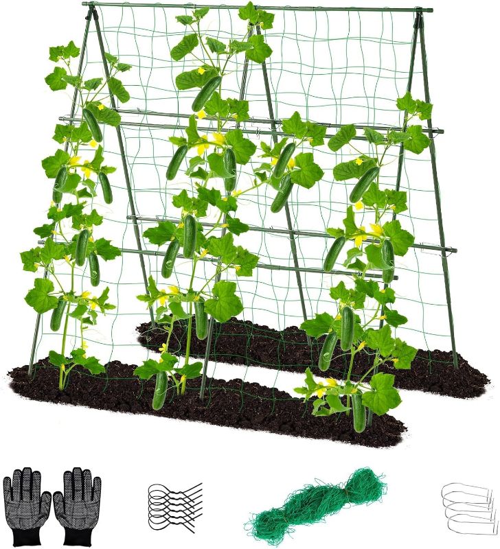 Photo 1 of Lalahoni Cucumber Trellis, 4ft x 4ft Metal A-Frame Garden Trellis Climbing Plant Outdoor Support Fruit Grape Vine Vegetable Tomato Pea Bean Cucumber Trellis Raised Bed, with Netting, Green