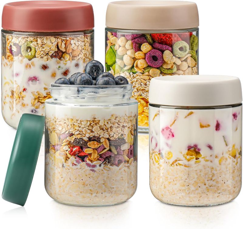 Photo 1 of DIMBRAH Overnight Oats Containers with Lids,16oz Glass Jars with Lids - Set Of 4, Practical Oatmeal Container to Go, Chia Seed Pudding Jars, Baby Food Containers