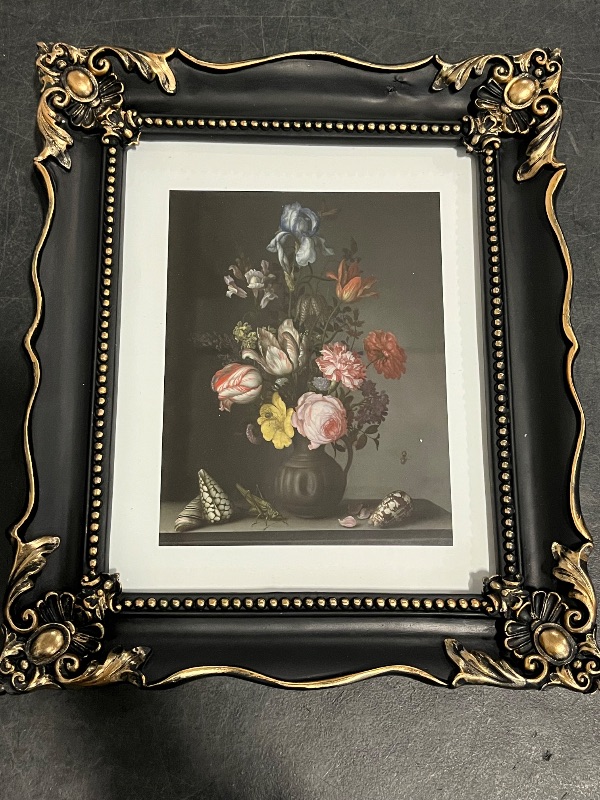 Photo 1 of 8x10 Vintage Picture Frame with Embossed Flower Design, Black Ornate Frame for 8x10 or 5x7 Pictures with White Mat, Hand-Crafted Resin Antique Frames for Tabletop & Wall Hanging, Home Decor (Black)
