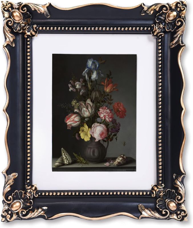 Photo 1 of 8x10 Vintage Picture Frame with Embossed Flower Design, Black Ornate Frame for 8x10 or 5x7 Pictures with White Mat, Hand-Crafted Resin Antique Frames for Tabletop & Wall Hanging, Home Decor (Black)
