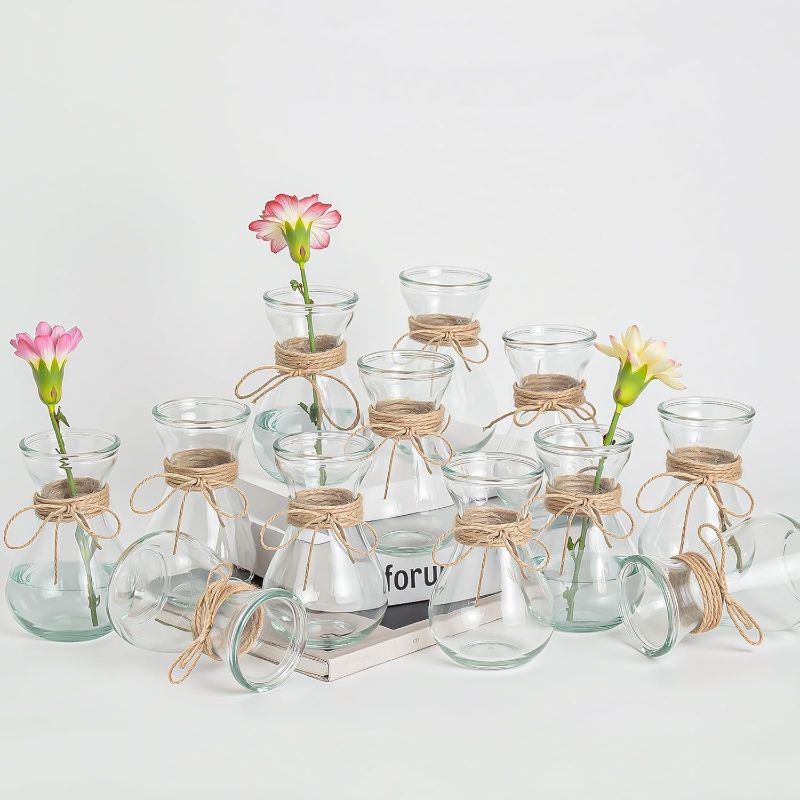 Photo 1 of Glass Vases for Centerpieces Set of 12 Clear Decorative Vase for Flowers 5.5" Small Bulb Plant Propagation Containers for Home Decor Wedding Table Decorations Rustic Farmhouse Style