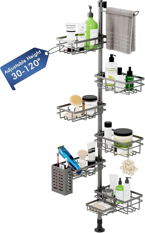 Photo 1 of Corner Shower Caddy Tension Pole,30-120 Inch Adjustable Shower Organizer, 6-Tier Shower Shelves with Towel Rack/Toothbrush Holder/Soap Dish, Bathroom Corner Storage Rust-Resistant
