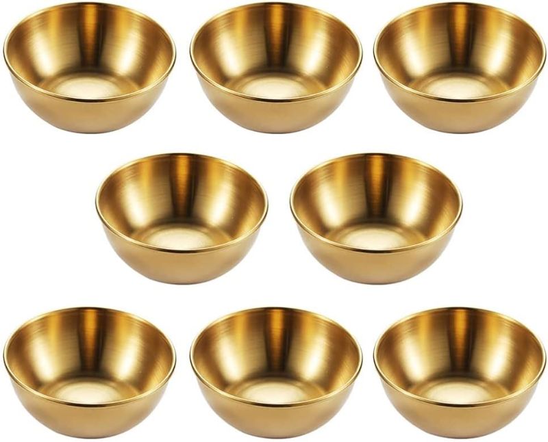 Photo 1 of 8 Pack 3.2inch Round Saucers Bowl stainless steel Sauce Cups Mini Individual Condiment Pudding Seasoning Dishes Appetizer Plates Dipping Bowl, for Sushi,Dessert,Tomato Sauce,Soy,BBQ, Golden
