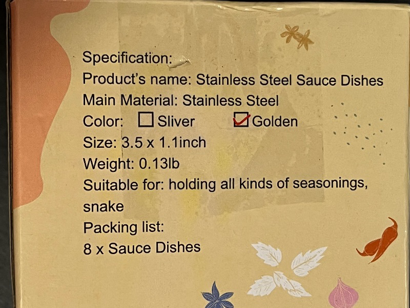 Photo 1 of 8 Pack 3.2inch Round Saucers Bowl stainless steel Sauce Cups Mini Individual Condiment Pudding Seasoning Dishes Appetizer Plates Dipping Bowl, for Sushi,Dessert,Tomato Sauce,Soy,BBQ, Golden
