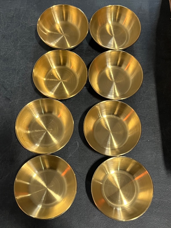 Photo 1 of 8 Pack 3.2inch Round Saucers Bowl stainless steel Sauce Cups Mini Individual Condiment Pudding Seasoning Dishes Appetizer Plates Dipping Bowl, for Sushi,Dessert,Tomato Sauce,Soy,BBQ, Golden
