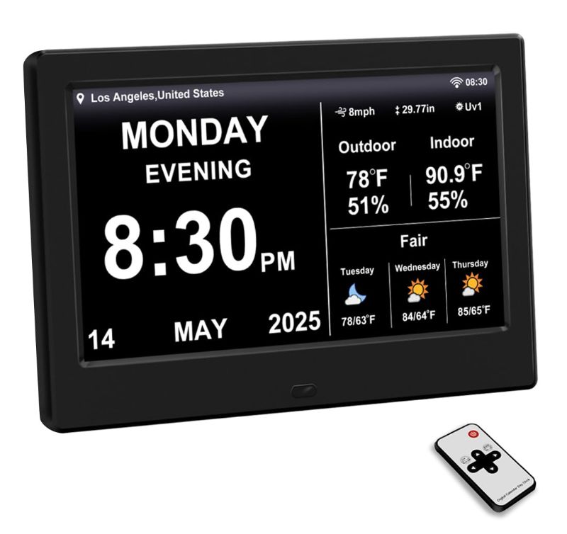 Photo 1 of 2025 New Digital Clock with Temperature/Humidity & Weather Forecast, Auto Time Sync Large Display, Custom Alarms & Medication Reminders, Ideal for Elderly(Black, 7-Inch)