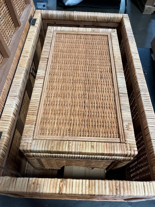 Photo 1 of Large Handwoven Boho Rattan Display Boxes with Glass Lids - Set of 2 Rectangular Decorative Storage Bins - Natural Woven Cane Home Decor Organizers (15.55" x 9.64" x 5.9" & 12.48" x 6.88" x 4.52")
