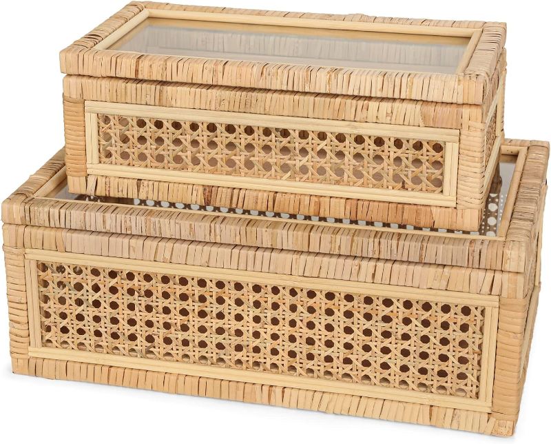 Photo 1 of Large Handwoven Boho Rattan Display Boxes with Glass Lids - Set of 2 Rectangular Decorative Storage Bins - Natural Woven Cane Home Decor Organizers (15.55" x 9.64" x 5.9" & 12.48" x 6.88" x 4.52")
