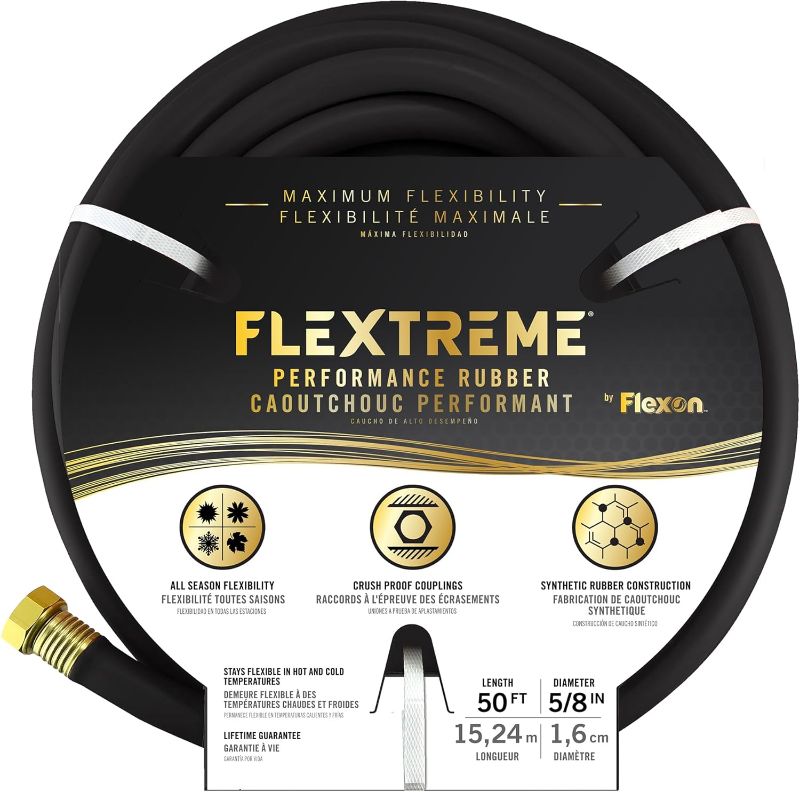 Photo 1 of Flexon Flextreme 5/8" x 50ft Black Synthetic Performance Rubber Garden Hose – Lightweight, All-Weather Flexibility, Heavy-Duty, Kink-Resistant, Solid Brass Couplings, Watering Hose for Lawn & Garden
