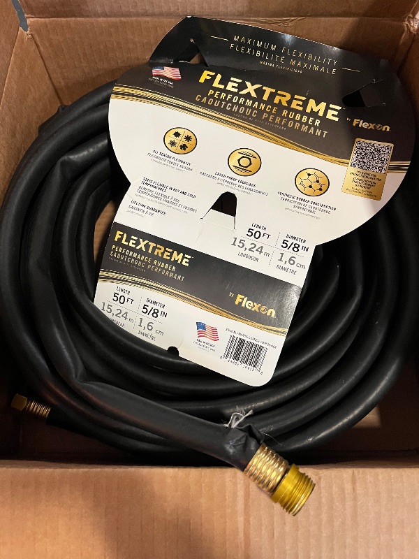 Photo 1 of Flexon Flextreme 5/8" x 50ft Black Synthetic Performance Rubber Garden Hose – Lightweight, All-Weather Flexibility, Heavy-Duty, Kink-Resistant, Solid Brass Couplings, Watering Hose for Lawn & Garden