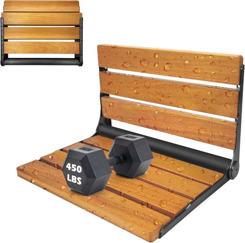 Photo 1 of Folding Shower Seat Teak, Folding Shower Seat Wall Mounted, Foldable Shower Chair for Home Care, 450 lbs Capacity (Black-Colored Stainless Steel, 13'' D x 17'' W x 10'' H)