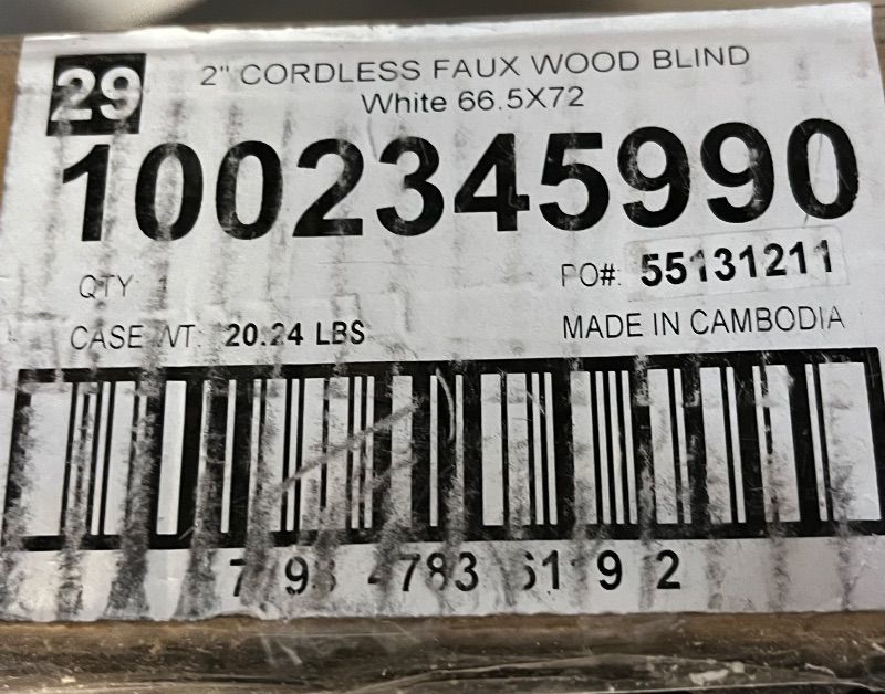 Photo 1 of DEZ FURNISHINGS Cordless 2" Faux Wood Blind, 66.5" W x 72" H, White