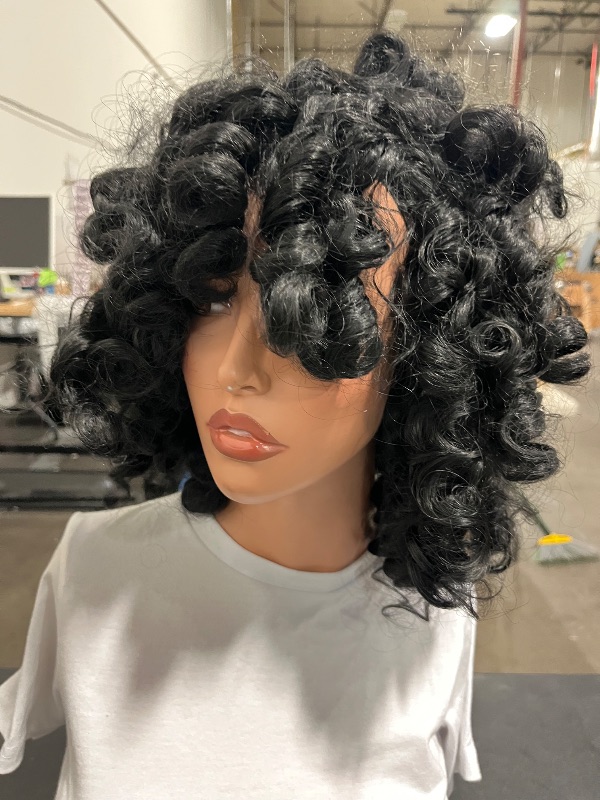Photo 1 of Short Curly Wig with Bangs Full Loose Curly Wigs Big Curly Wig Soft Fluffy Natural Synthetic Hair for Daily and Party (Black)