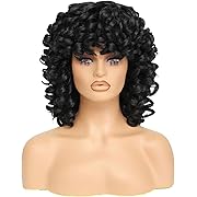 Photo 1 of Short Curly Wig with Bangs Full Loose Curly Wigs Big Curly Wig Soft Fluffy Natural Synthetic Hair for Daily and Party (Black)